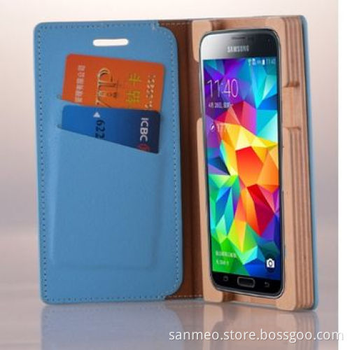 Luxury Leather Wooden Wallet Mobile Phone Case with Card Slot, for Samsung s5 i9600